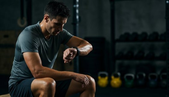 Erschöpfter Athlet analysiert nach dem Workout die Daten seiner Pulsuhr für Crosstraining.