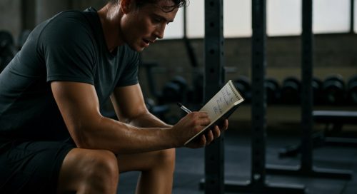 Erschöpfte, aber entschlossene Person blickt nach dem Training auf ihren Push Pull Beine Trainingsplan. Erschöpfte, aber entschlossene Person blickt nach dem Training auf ihren Push Pull Beine Trainingsplan.