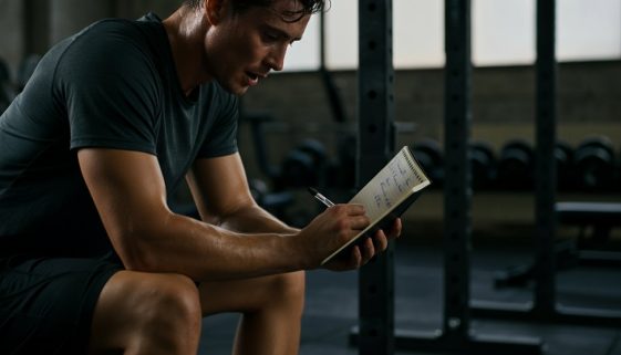 Erschöpfte, aber entschlossene Person blickt nach dem Training auf ihren Push Pull Beine Trainingsplan.