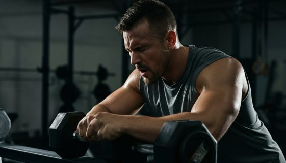 Ein Athlet macht eine kurze Pause während seines intensiven Rest-Pause Trainings im Fitnessstudio.