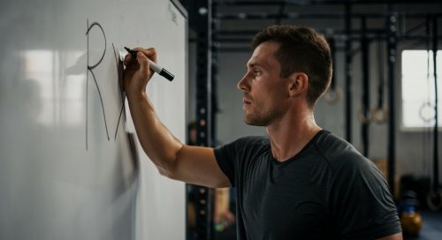Fokussierter Athlet nach einem RX Crosstraining-Workout, der 'RX' an ein Whiteboard schreibt. Fokussierter Athlet nach einem RX Crosstraining-Workout, der 'RX' an ein Whiteboard schreibt.
