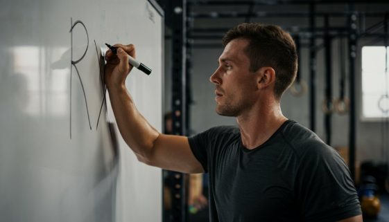 Fokussierter Athlet nach einem RX Crosstraining-Workout, der 'RX' an ein Whiteboard schreibt.