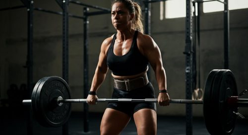 Eine Frau führt einen Sumo Deadlift High Pull mit explosiver Kraft und perfekter Technik aus.