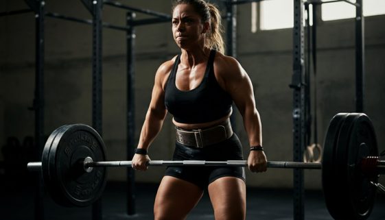 Eine Frau führt einen Sumo Deadlift High Pull mit explosiver Kraft und perfekter Technik aus.