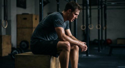 Erschöpfter Athlet in einer Cross-Training-Box, der die Rolle von Supplements für Crosstraining verdeutlicht. Erschöpfter Athlet in einer Cross-Training-Box, der die Rolle von Supplements für Crosstraining verdeutlicht.