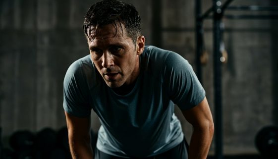 Erschöpfter, aber zufriedener Sportler nach einem intensiven Tabata Training.