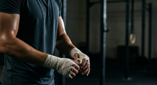 Ein Athlet betrachtet konzentriert seine mit Tape für Hände umwickelten Hände vor dem Training.