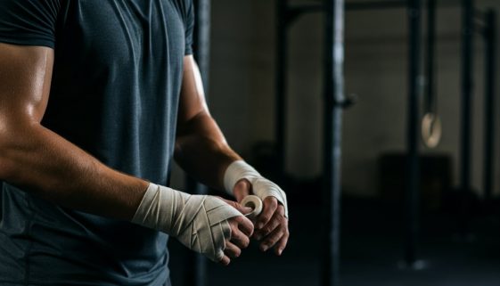 Ein Athlet betrachtet konzentriert seine mit Tape für Hände umwickelten Hände vor dem Training.