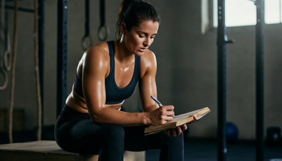 Fokussierter Athlet, der nach dem Workout sein Trainingslogbuch führt, um Fortschritte zu planen.