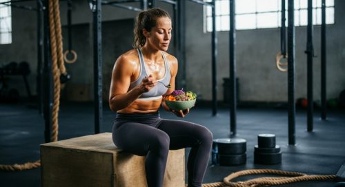 Eine Athletin isst eine gesunde Bowl als Teil ihrer veganen Ernährung für CrossTraining.