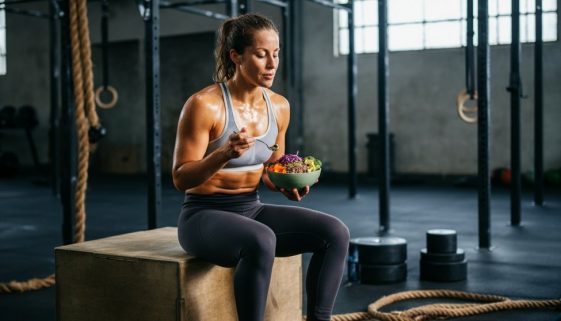 Eine Athletin isst eine gesunde Bowl als Teil ihrer veganen Ernährung für CrossTraining.